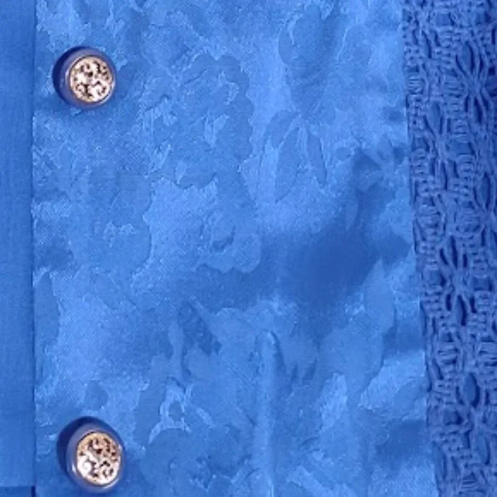 MISS DORBY BLUE BROCADE INTRICATE CROCHET PATCHWORK TOP PLEATED SKIRT SIZE 12P